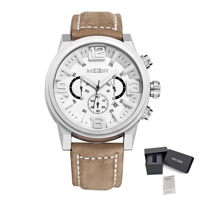 MEGIR Luxury Men's Watch Fashion Simple Casual Sports Watches for Mens Leather Strap Waterproof Quartz Chronograph Clock 3010-18