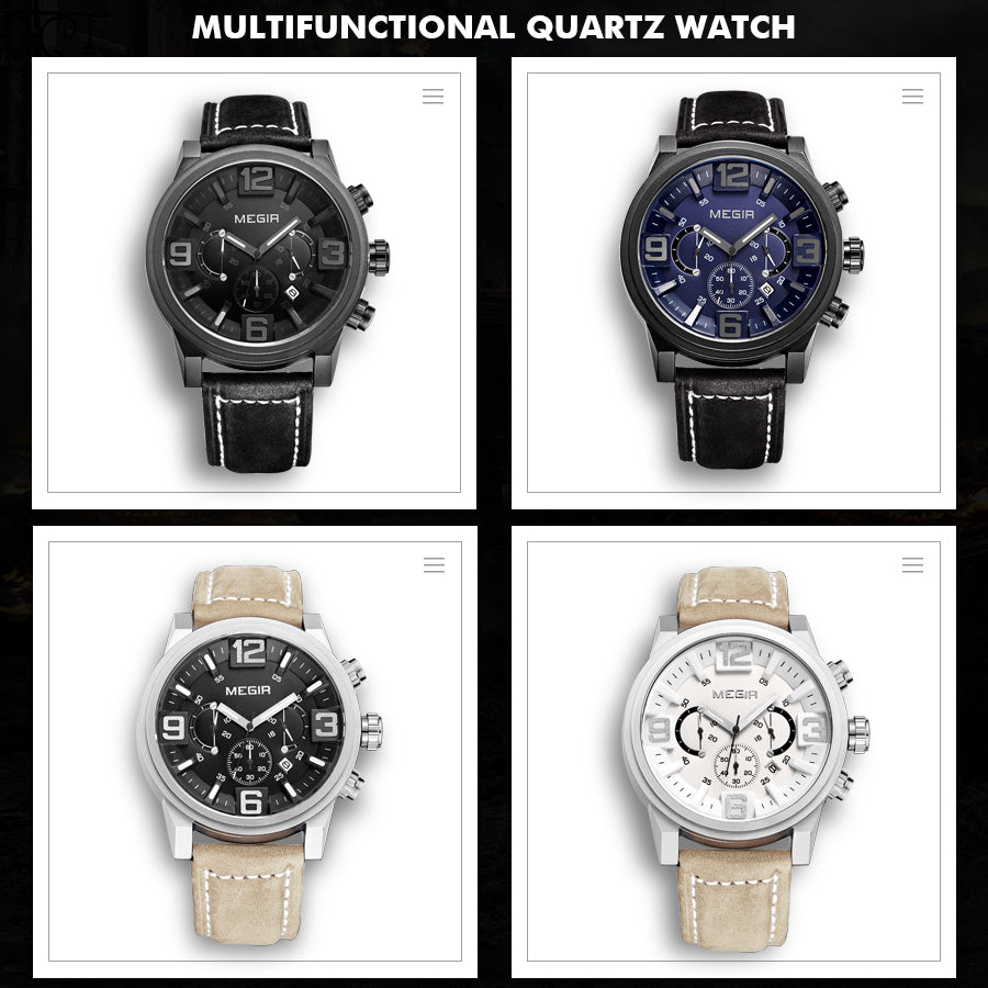 MEGIR Luxury Men's Watch Fashion Simple Casual Sports Watches for Mens Leather Strap Waterproof Quartz Chronograph Clock 3010-13