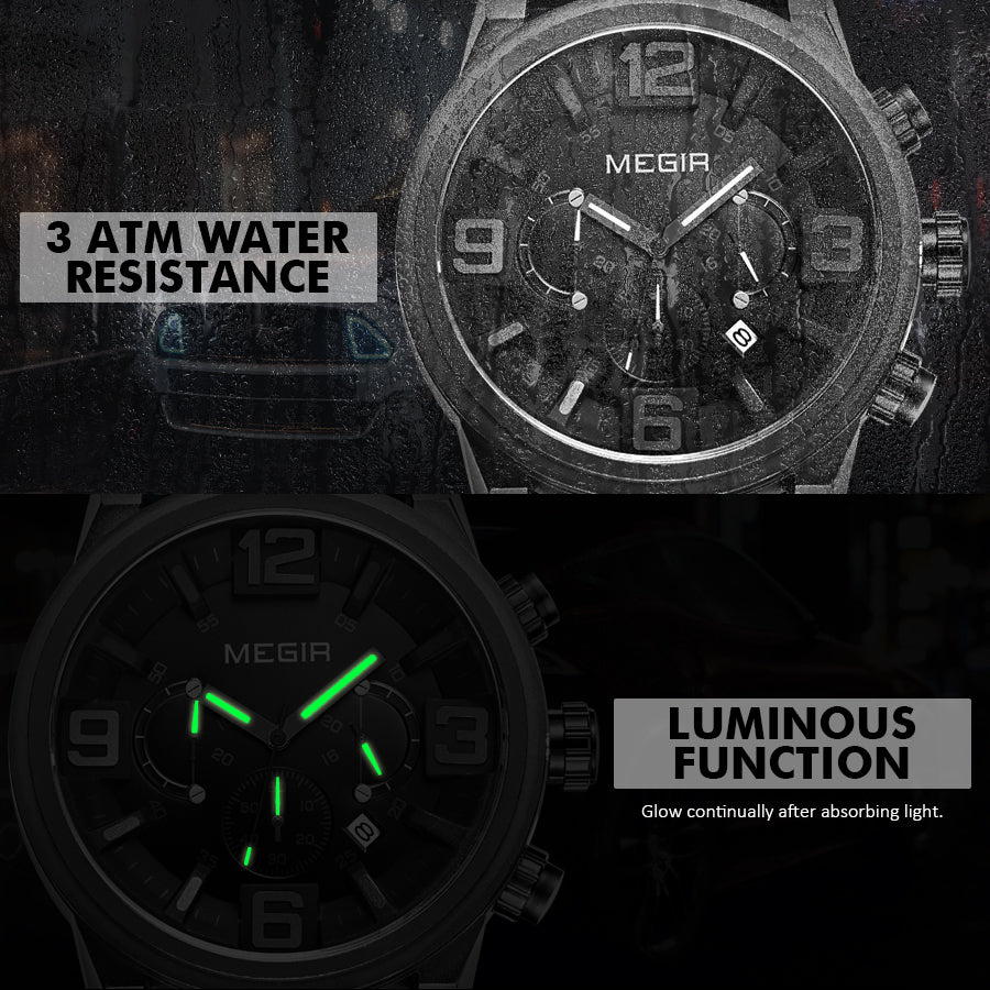 MEGIR Luxury Men's Watch Fashion Simple Casual Sports Watches for Mens Leather Strap Waterproof Quartz Chronograph Clock 3010-12