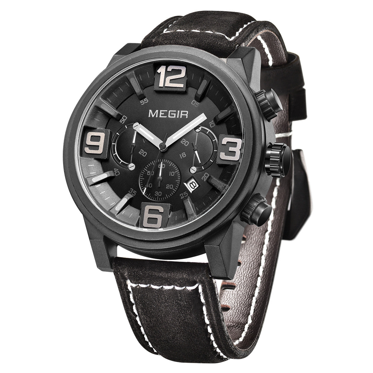 MEGIR Luxury Men's Watch Fashion Simple Casual Sports Watches for Mens Leather Strap Waterproof Quartz Chronograph Clock 3010-8