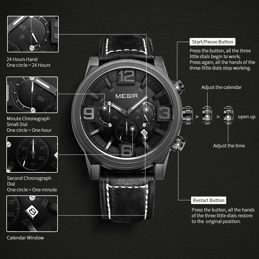 MEGIR Luxury Men's Watch Fashion Simple Casual Sports Watches for Mens Leather Strap Waterproof Quartz Chronograph Clock 3010-10