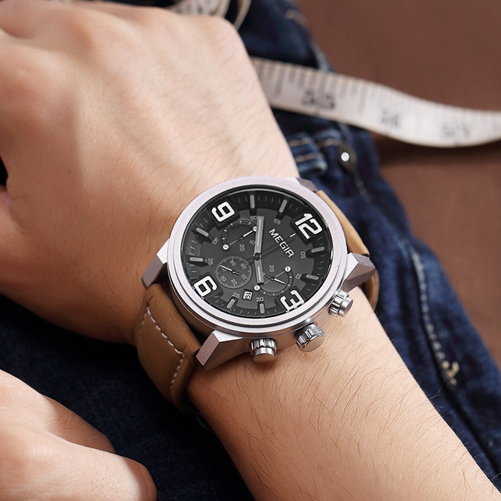 MEGIR Luxury Men's Watch Fashion Simple Casual Sports Watches for Mens Leather Strap Waterproof Quartz Chronograph Clock 3010-1