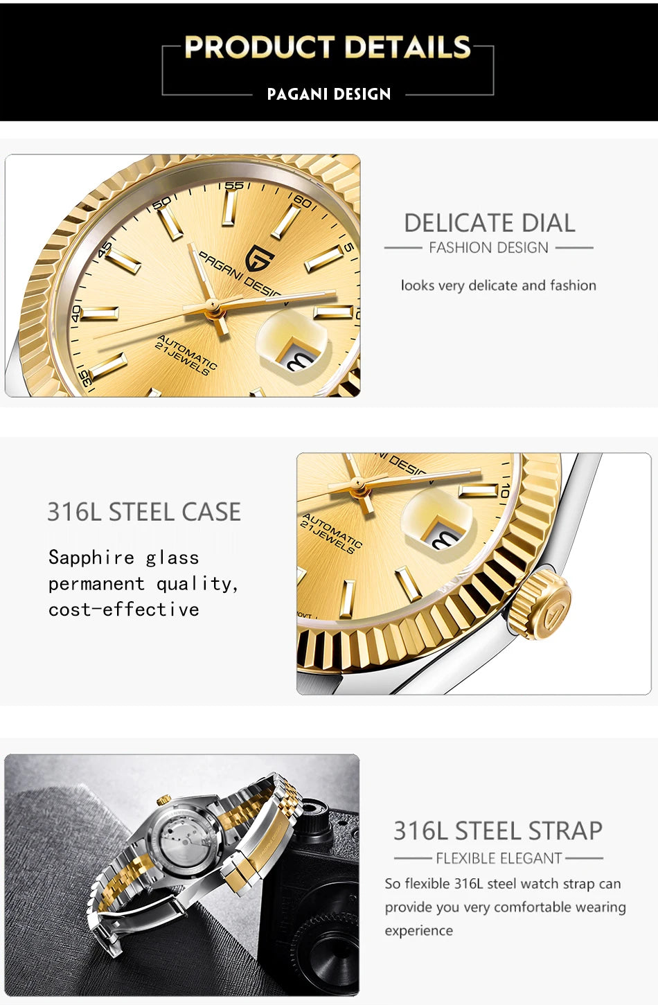 PAGANI DESIGN 2024 New PD-1645 Men's Mechanical Watch Top Brand Luxury Automatic100M Waterproof Stainless Steel Men's Watch
