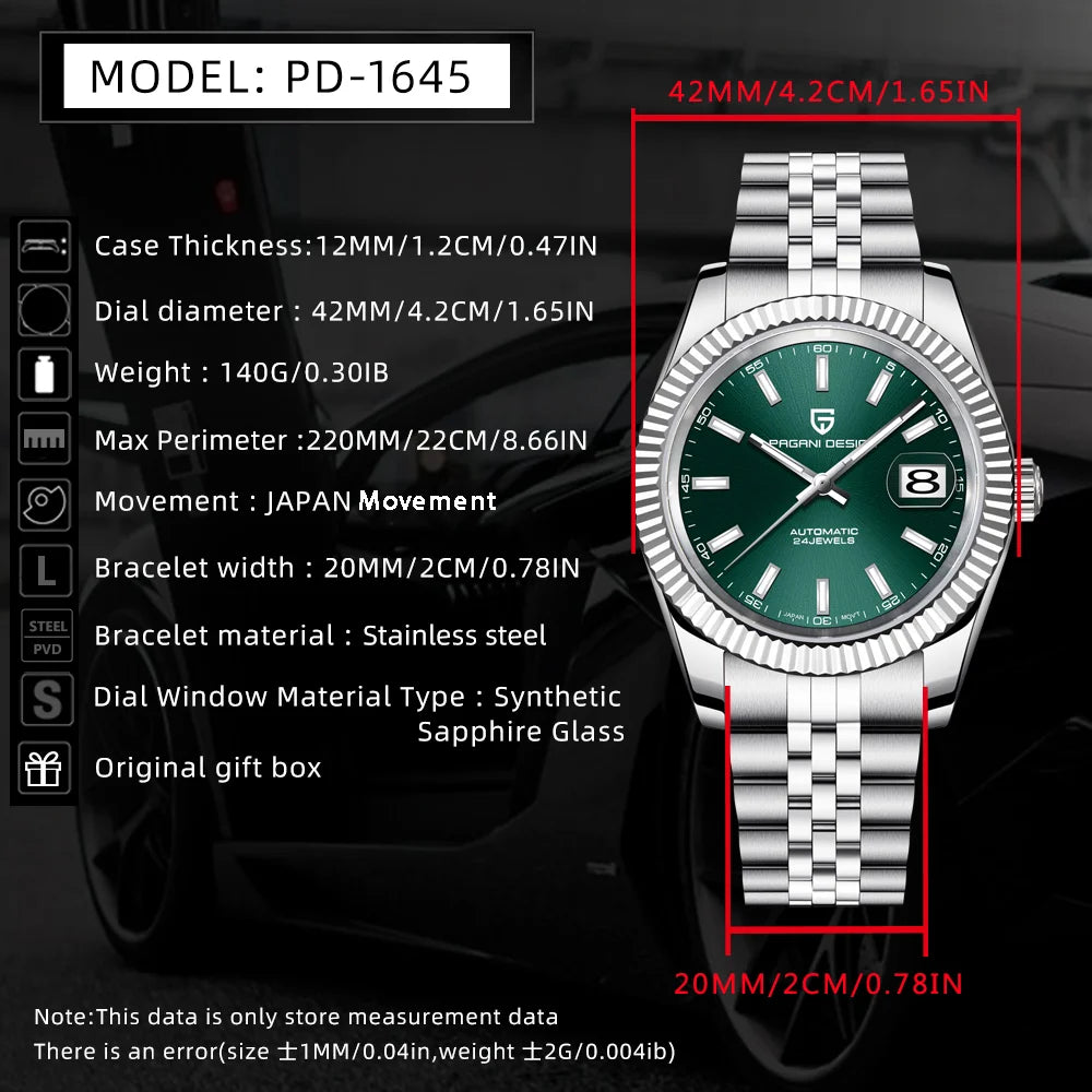 PAGANI DESIGN 2024 New PD-1645 Men's Mechanical Watch Top Brand Luxury Automatic100M Waterproof Stainless Steel Men's Watch