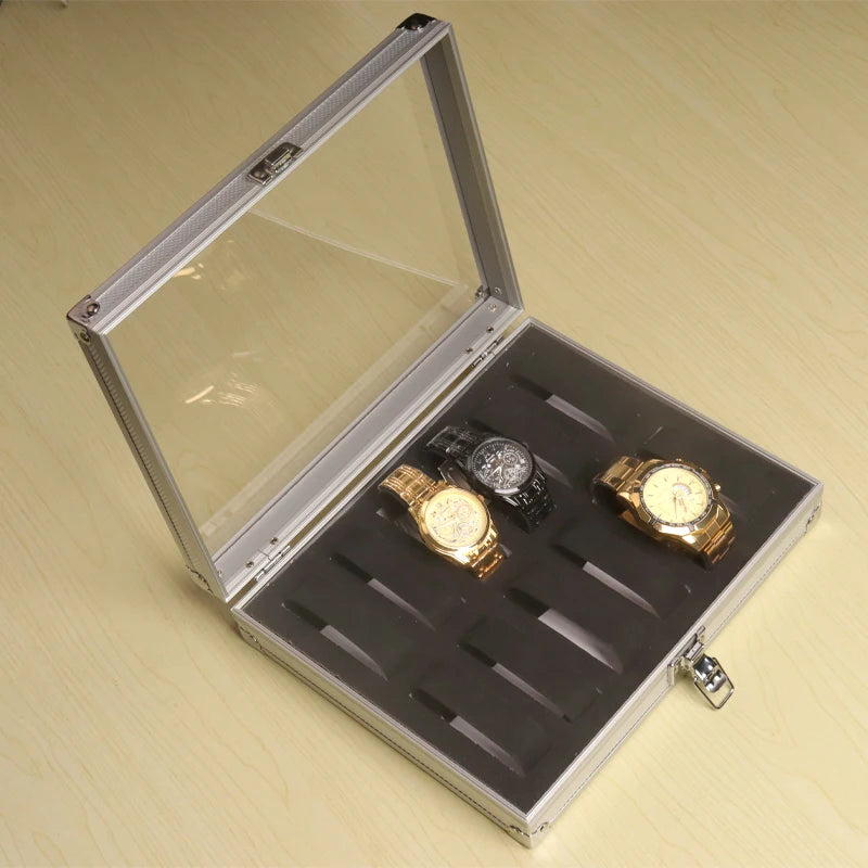 Useful Aluminium Watches Box 12 Grid Slots Jewelry Watches Display Storage Box Square Case Suede Inside Rectangle Watch Holder