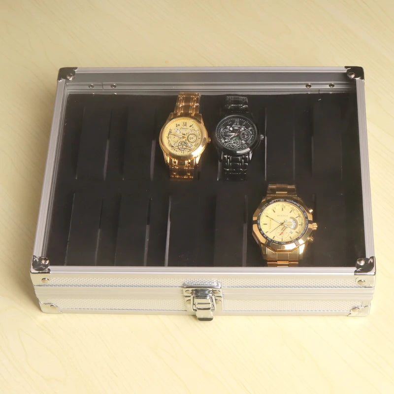 Useful Aluminium Watches Box 12 Grid Slots Jewelry Watches Display Storage Box Square Case Suede Inside Rectangle Watch Holder