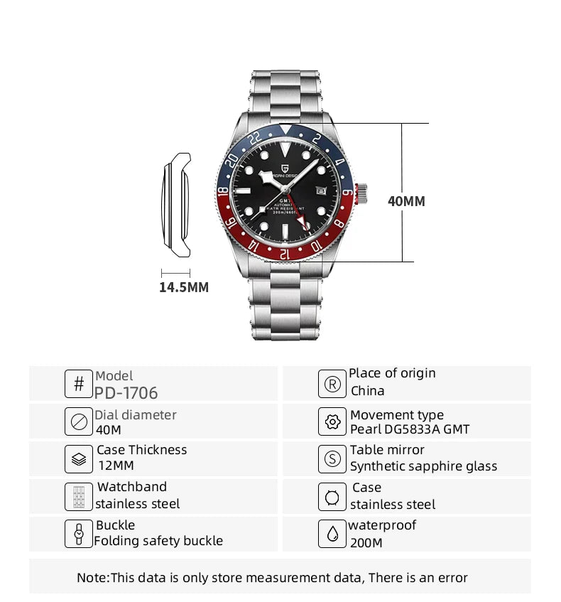 2025 New PAGANI DESIGN GMT Men's Watches Top Luxury Automatic Watch For Man Mechanical Wristwatches AR Sapphire Mirror Luminous
