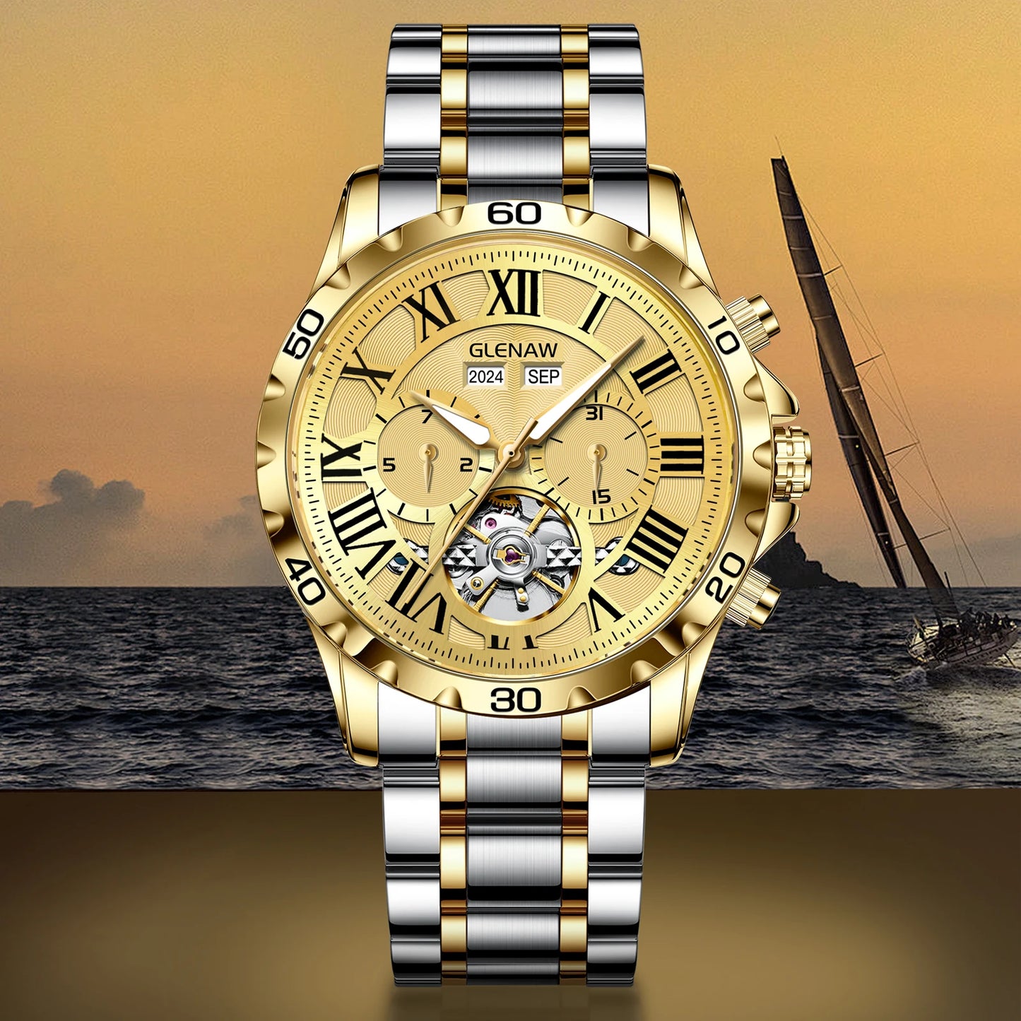 GLENAW Genuine Fully Automatic Mechanical Multi-Function Watch Men's Fashion High-End Trend Waterproof Watch For Men