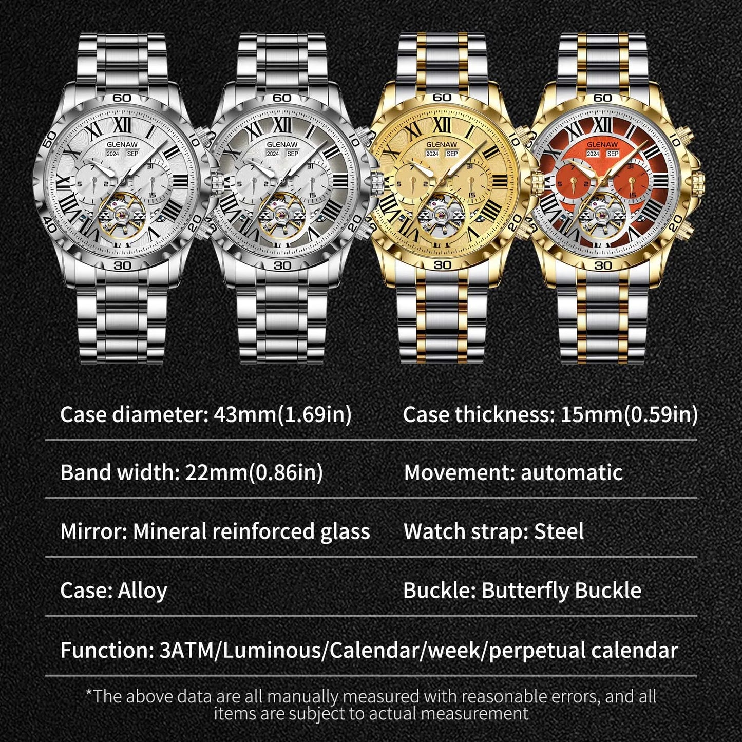 GLENAW Genuine Fully Automatic Mechanical Multi-Function Watch Men's Fashion High-End Trend Waterproof Watch For Men