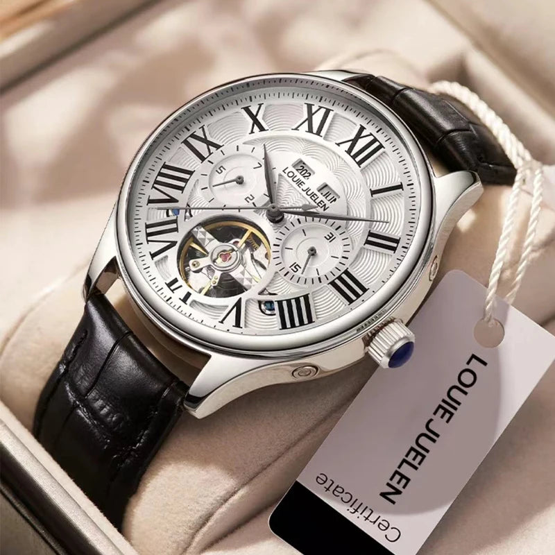 (Full Automatic Mechanical Watch) Men's Multifunctional Watch, Cut Out Perspective Small Plate, Roman Numeral Scale Dial, No Battery Required
