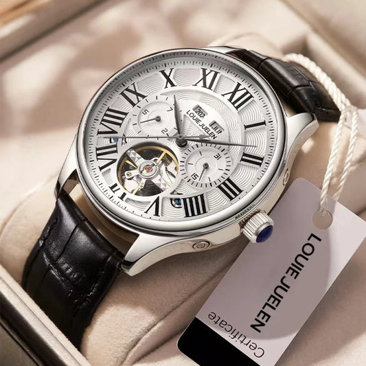 (Full Automatic Mechanical Watch) Men's Multifunctional Watch, Cut Out Perspective Small Plate, Roman Numeral Scale Dial, No Battery Required