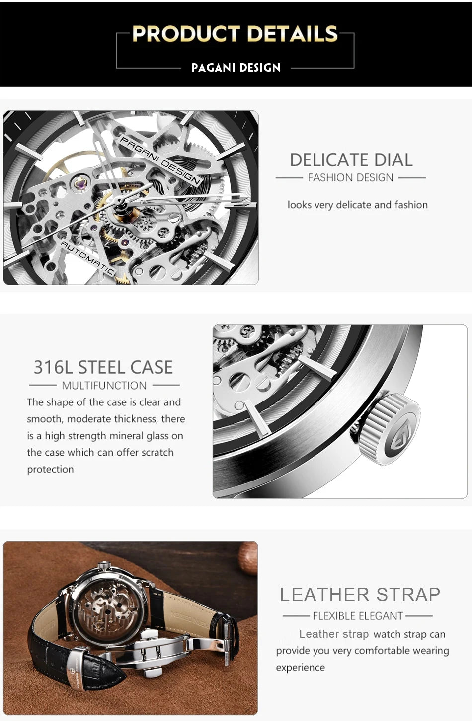 PAGANI DESIGN New Luxury Automatic Mechanical Watch Simple Sports Waterproof Leisure Retro Leather Business Watches for Man