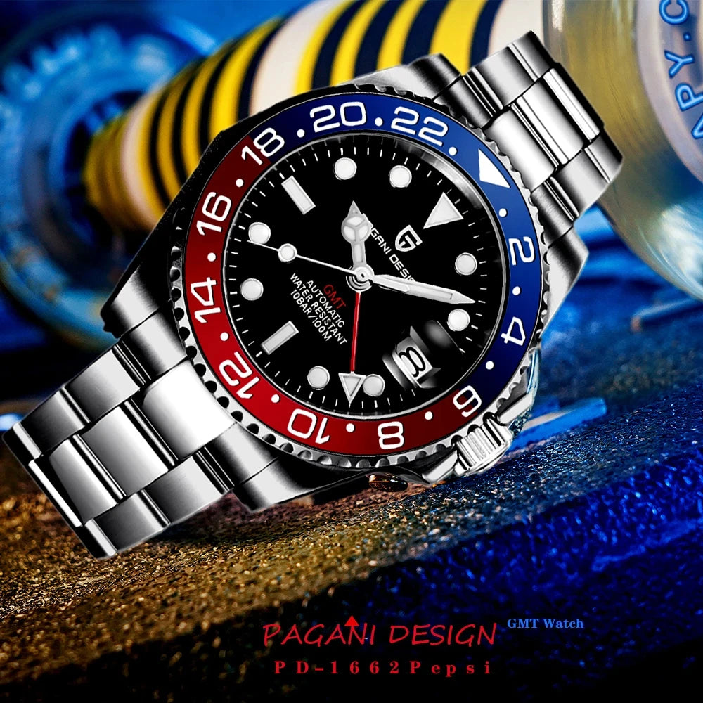 PAGANI DESIGN 2024 40MM New GMT Men Mechanical Watches NH34 AR Sapphire Automatic Watch 100M Waterproof Sports Watches for Men ﻿