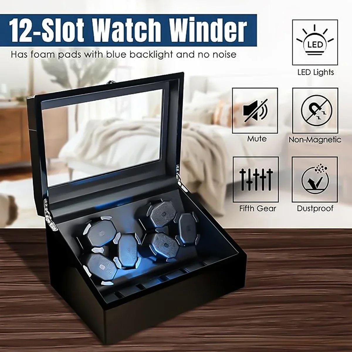 Automatic Watch Winder for 6 Watches with Quiet Motor Usb Led PU Leather Mechanical Watch Box Variable Speed for Watchmaker