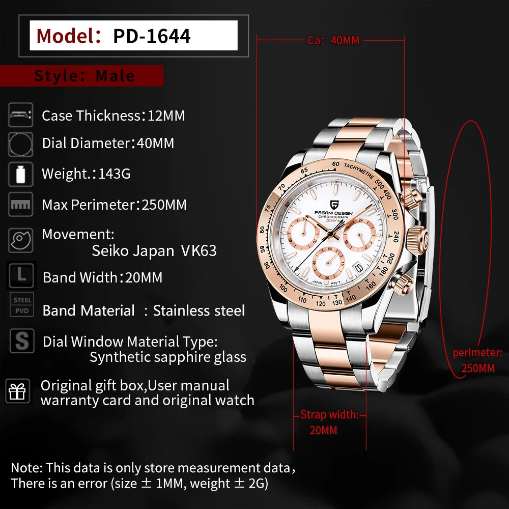 PAGANI DESIGN 2025 New Gold 1644 Men's Watches Top Brand Luxury Mens Quartz Wrist Watch Men Watch Men Sport Chronograph+Gift Box