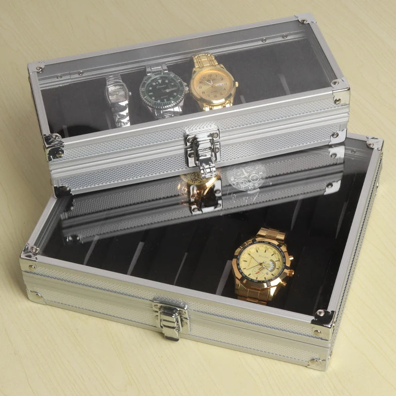 Useful Aluminium Watches Box 12 Grid Slots Jewelry Watches Display Storage Box Square Case Suede Inside Rectangle Watch Holder