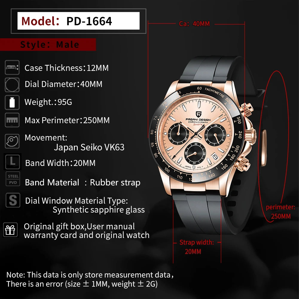 Pagani 2025 latest design men's luxury quartz watch high-quality sapphire glass VK63 fashion men's chronograph 100 m waterproof