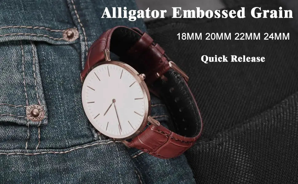ANNEFIT Quick Release Leather Watch Bands 18mm 20mm 22mm 24mm Alligator Grain Calfskin Replacement Strap