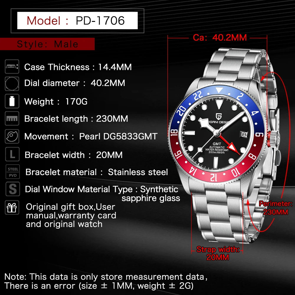2025 New PAGANI DESIGN GMT Men's Watches Top Luxury Automatic Watch For Man Mechanical Wristwatches AR Sapphire Mirror Luminous