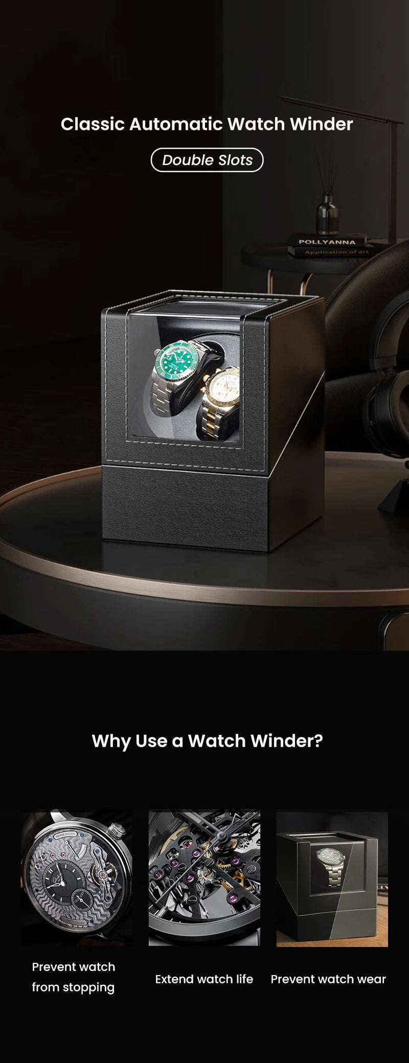 Double Watch Winder for Automatic Watches Automatic Watch Winder Leather Box 2 Slots Watch Winder for Men with Quiet Motor