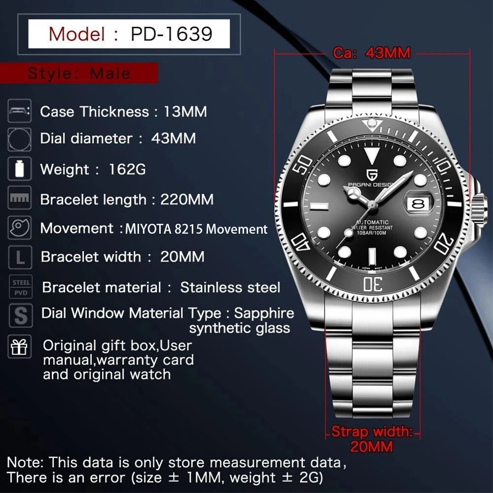 2024 New PAGANI DESIGN 43MM Men Mechanical Watches Luxury Ceramic Bezel 120 Clicks Automatic Watch 100M Waterproof Watch for Men