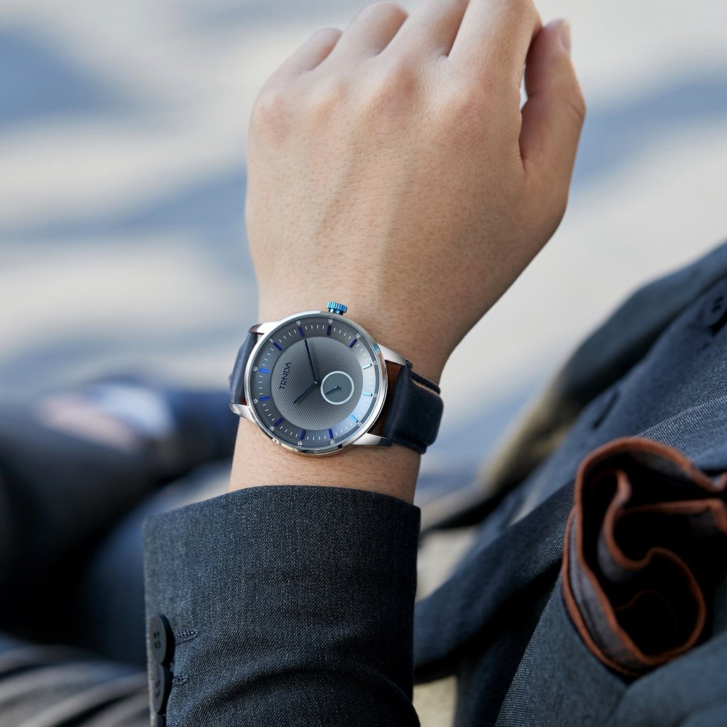 TRNDA Men's Stainless Steel Watch, Blue Leather Band | TRN-M43S-1