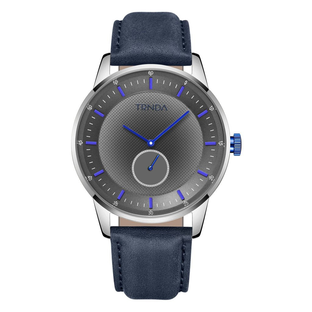 TRNDA Men's Stainless Steel Watch, Blue Leather Band | TRN-M43S-0
