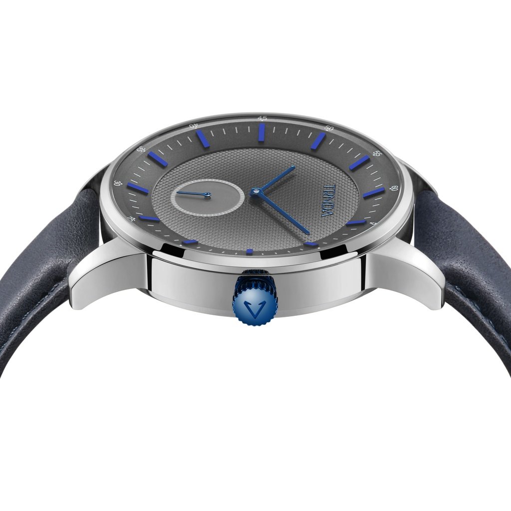 TRNDA Men's Stainless Steel Watch, Blue Leather Band | TRN-M43S-2