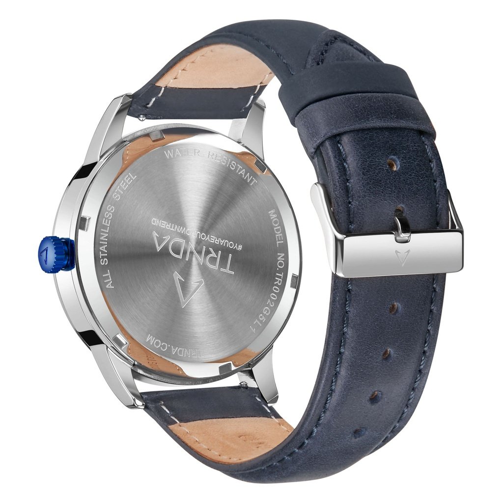 TRNDA Men's Stainless Steel Watch, Blue Leather Band | TRN-M43S-3